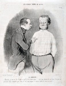 Kunstværk af Honore Daumier (1808-1879). Charivari stammer fra 1845: Serie LES BEAUX DAYS DE LA VIE. Blusen "" -Herre, jeg har lavet dig den bedst klædte... med en skjorte på min måde kan du præsentere dig selv i enhver stue, og vi vil altid være de bedst  af Honoré Daumier