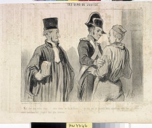 Kunstværk af Honore Daumier (1808-1879). Charivari stammer fra 1845: Serie LES PEANS DE JUSTICE. “” -Min kære, hvad vil du... vi havde uheld... Jeg kunne ikke bevise din uskyld denne gang... men din næste flyvning håber jeg at blive lykkeligere.””””” uddra af Honoré Daumier