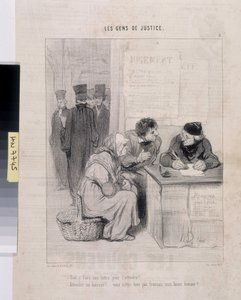 Kunstværk af Honore Daumier (1808-1879). Charivari er fra 1845: Serie LES PEANS DE JUSTICE. "Behøver man at skrive et brev for at gøre ham øm? - At møde en foged! Er du ikke franskmand, min gode mand?" Dim 37,5x28. Uddrag fra avisen Le" Charivari" af Honoré Daumier