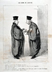 Kunstværk af Honore Daumier (1808-1879). Charivari stammer fra 1845: Serie LES PEOPLES DE JUSTICE “” -Som jeg fortalte dig, sandelig din kendsgerning! Vi var smukke. Vi var smukke!... det er egentlig kun i Palais, vi kender måden at skændes og tale om det  af Honoré Daumier