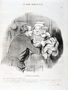 Kunstværk af Honore Daumier (1808-1879). Charivari stammer fra 1848: Serie Les beaux jours de la vie. Besøget hos sygeplejersken - Lad os kysse far lille barn skat - Han vil ikke i dag, men normalt...”” KUNSTMUSEET - PALACE LONGCHAMP, MARSEILLE af Honoré Daumier