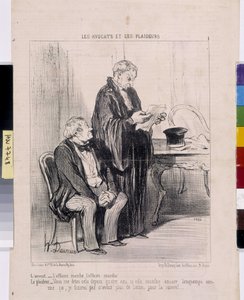 Kunstværk af Honore Daumier (1808-1879). Charivari stammer fra 1851: Serie LES Avocats et les litigants. ”Advokaten – sagen virker, sagen virker! Proceduren - Du har fortalt mig det i fire år, hvis hun stadig går så længe, vil jeg ende med at af Honoré Daumier
