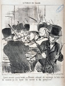Kunstværk af Honore Daumier (1808-1879). Charivari er fra 1852: Serie LE PUBLIC DU SALON - "Når lyden fire timer.- højtideligt øjeblik eller begynder kampen mellem de besøgende, der har lagt stokke og paraplyer" MUSEE DES BEAUX ARTS - PALAIS LONGCHAMP, af Honoré Daumier