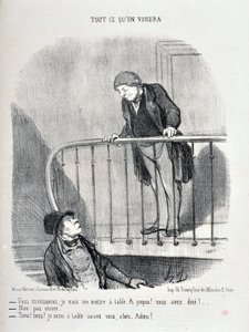 Kunstværk af Honore Daumier (1808-1879). Charivari er fra 1853: Serie ALLE HVAD DU VIL VIL "Du må undskylde mig, jeg sætter mig ved bordet. Om det! Har du spist? - Nej, ikke endnu. "Nå, nå, nå, jeg sidder ved bordet før dig" MUSEE DES BEAUTS ARTS - PALAIS  af Honoré Daumier