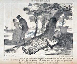 Kunstværk af Honore Daumier (1808-1879) Charivari stammer fra 1853: Serie LES PLAISIRS DE LA CAMPAGNE "" Jeg er sikker på, at vi danner en charmerende gruppe, alle tre til hinanden ... ikke sandt Caroline ... gør ikke svare! Hun sover sikkert allerede af Honoré Daumier