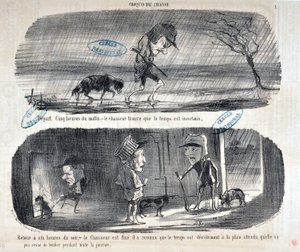 Kunstværk af Honore Daumier (1808-1879) Charivari stammer fra 1853: Serie Sketches de Chasse “” Afgang Fem heures du matin, - le chasseur konstaterer, at vejret er usikkert””” “” Tilbage til klokken seks om aftenen, - jægeren er fikset, det erkendte han af Honoré Daumier
