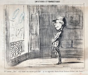 Kunstværk af Honore Daumier (1808-1879) Charivari er fra 1854: Serie TENNIQUES ET OWNIRES "Mr Vautour - Bon!... Dette er endnu et hus, der bliver skudt ned ... Jeg vil forhøje hver af mine lejere med to hundrede francs!" MUSEUM FOR DE FINE KUNST - PALADSET af Honoré Daumier