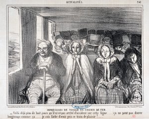 Kunstværk af Honore Daumier (1808-1879) Charivari stammer fra 1855: Serie Actualites de voyage en railroad “” -Her er mere end otte dage, at det ikke er sket en ulykke på denne linje... det kan ikke vare længe sådan. .. Jeg er ked af at have taget dette to af Honoré Daumier