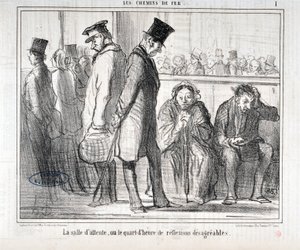 Kunstværk af Honore Daumier (1808-1879). Charivari stammer fra 1855: Serie LES Chemins de fer "" Venteværelset eller kvarteret med ubehagelige refleksioner""" MUSEE DES BEAUX ARTS - PALAIS LONGCHAMP, MARSEILLE af Honoré Daumier