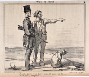 Kunstværk af Honore Daumier (1808-1879) Charivari stammer fra 1857: Serie sketches de chasseur “” Hold... Jeg så en havn, der havde ved... - Er det så lang tid?...”” MUSEUM OF FINE ARTS - PALACE LONGCHAMP, MARSEILLE af Honoré Daumier