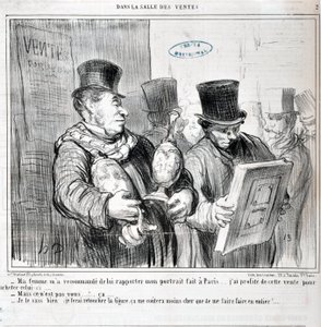 Kunstværk af Honore Daumier (1808-1879). Charivari er fra 1859: Serie IN THE SALE "- Min kone anbefalede mig at bringe hende mit portræt lavet i Paris... Jeg benyttede mig af dette udsalg til at købe dette... -Men det er ikke dig... ca... - Jeg ved det, je af Honoré Daumier