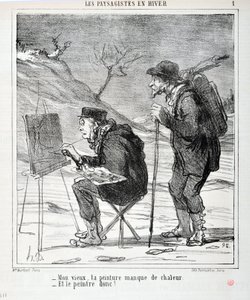 Kunstværk af Honore Daumier (1808-1879). Charivari stammer fra 1864: Serie LES LANDSAGISTS IN WINTER “” - Min gamle mand, dit maleri mangler varme - Og maleren så! “” KUNSTMUSEET - PALACE LONGCHAMP, MARSEILLE af Honoré Daumier