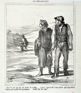 Kunstværk af Honore Daumier (1808-1879). Charivari stammer fra 1864: Serie LES LANDSAGISTS "" - I denne, der er en sjov krop... tegner et portræt af et træ, der ikke kun producerer æbler... han er vild med!..." KUNSTMUSEET - PALACE LONGCHAMP, af Honoré Daumier