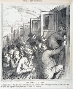 Kunstværk af Honore Daumier (1808-1879). Charivari stammer fra 1864: Serie Sketch Les trains de plaisir “” - Når vi efter ti mislykkede overfald endelig får erobret en plads i en vogn, oplever vi en første og meget livlig fornøjelse””” MUSEE DES BEAUX AR af Honoré Daumier