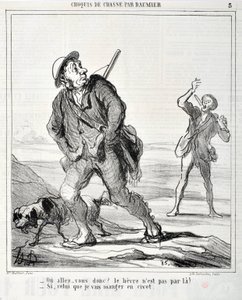 Kunstværk af Honore Daumier (1808-1879) Charivari er fra 1864: Serie Sketch de Chasse "Ou va donc? Haren er ikke færdig der! - Hvis den jeg skal spise i civet" MUSEE DES BEAUX ARTS - PALAIS LONGCHAMP, MARSEILLE af Honoré Daumier