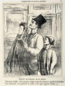 Kunstværk af Honore Daumier (1808-1879) Charivari stammer fra 1865: Serie CRUQUIS PAUIT I SALONEN Foran et maleri af Manet “” -Hvorfor fanden hedder denne store røde kvinde i en skjorte Olympia? - Men min ven er måske den sorte kat, der hedder det? MUS af Honoré Daumier
