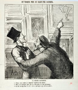 Kunstværk af Honore Daumier (1808-1879). Charivari stammer fra 1865: Serieskitser taget på salonen En finurlig maler. "Her, se, hvordan jeg forstår apoteosen af en martyr ... "Men jeg kan kun se de to fødder af din person.- Hovedet er allerede i heaven af Honoré Daumier