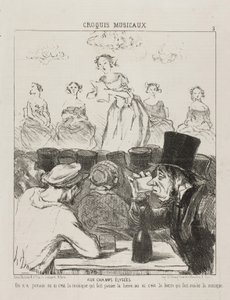 På Champs-Elysées har det aldrig været helt klart, om musikken får øllet til at gå ned, eller øllet der får dig til at sluge musikken, tallerken 3 fra Croquis Musicaux, 1852 af Honoré Daumier