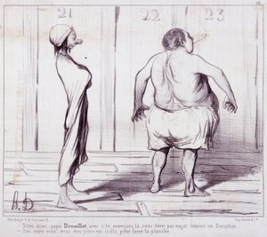 Tegnefilm om udseende. Serie "" The Bathers"": Fortæl far Drouillet..."" Gravering af Honore DAUMIER (1808-1879). Uddrag fra avisen "" Le Charivari"". Mål 25x36 cm. boks 12 Marseille, Musee des Beaux-Arts, Palais Longchamps, Collection Arts Graphi af Honoré Daumier