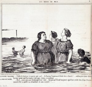 Tegnefilm om udseende og mode. Serie "" Les Bains de Mer"": "" Den tynde dame (...), den fede dame (...)" Gravering af Honore DAUMIER (1808-1879). Uddrag fra avisen "" Le Charivari"" den 16. september af Honoré Daumier