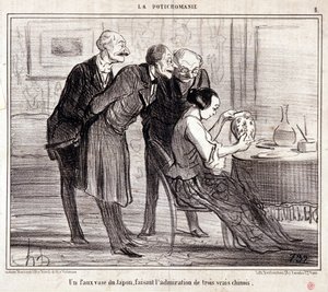 Tegnefilm om kunstsamlere. Serien "" Potichomania"": "" En falsk vase fra Japan, der beundrer tre kinesere." Gravering af Honore DAUMIER (1808-1879). Uddrag fra avisen "" Le Charivari"" af Honoré Daumier