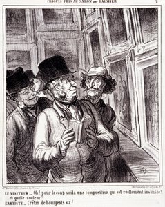 Tegnefilm om kunstelskere. Serie "" Skitse taget i salonen af Daumier "": "" Besøgende: Åh! for kuppet her er en virkelig sindssyg sammensætning (...). Kunstner: Bourgeois cretin, gå! "" Gravering af Honore DAUMIER (1808-1879). Uddrag fra avisen "" L af Honoré Daumier