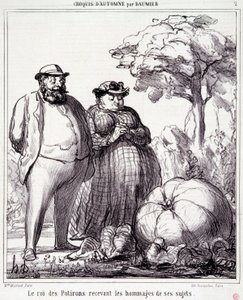 Tegnefilm om havearbejde. Serie "" Autumn Sketch"": "" The King of Pumpkins modtager hyldest fra sine undersåtter"". Gravering af Honore DAUMIER (1808-1879). Uddrag fra avisen "" Le Charivari"" den 23. september af Honoré Daumier