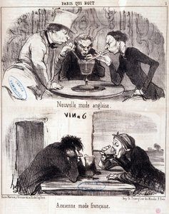 Tegnefilm om gastronomisk misbrug. Serien "Paris qui drinks": ny engelsk mode og gammel fransk mode. Gravering af Honore DAUMIER (1808-1879). Uddrag fra avisen “” Le Charivari”” 23. juni 1852 Dim 37x26 cm Inv D 2312 - æske 24 N¡7. Marseille, Muse af Honoré Daumier