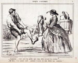 Tegnefilm om høstere, der tramper på barfodede druer. Serie “” Autumn Sketch””: “” Hvordan... skal du presse druerne med fødderne? ...” Stik af Honore DAUMIER (1808-1879). Uddrag fra avisen "" Le Charivari"" af Honoré Daumier
