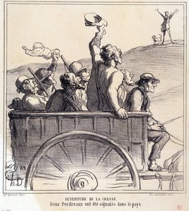 Tegnefilm om jægere. Serie "Efterårsskitse: Åbning af jagten, to agerhøns blev signaleret i landet", fra Aviser "Le Charivari" af Honoré Daumier