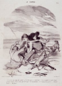 Tegnefilm om jægere. Serie "" Livets smukke dage - Jagten"": "" Jeg fortæller dig, at jeg fik ham til at forlade..."" Indgravering af Honore DAUMIER (1808-1879). Uddrag fra avisen "" Le Charivari"" den 10. januar af Honoré Daumier
