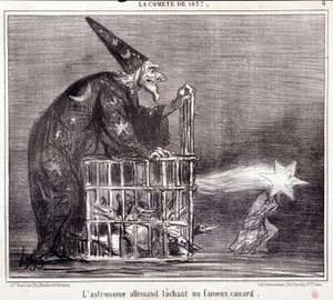 Tegnefilm om videnskab. Serie Sur "" kometen fra 1857"": "" Den tyske astronom forlader en berømt and""". Gravering af Honore DAUMIER (1808-1879). Uddrag fra avisen "" Le Charivari"" 2. marts af Honoré Daumier