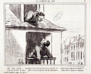 Tegneserie om videnskab. Serie Sur "Kometen af 1857": "Nå nabo... hvorfor græd du så meget..." Gravering af Honore DAUMIER (1808-1879). Uddrag fra avisen "Le Charivari" den 11. marts af Honoré Daumier
