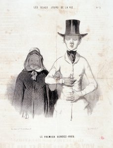 Tegnefilm om parret: Serie "" The Beautiful Days of Life"": "Den første date"". Gravering af Honore DAUMIER (1808-1879). Uddrag fra avisen "" Le Charivari"", 2.-3. januar af Honoré Daumier