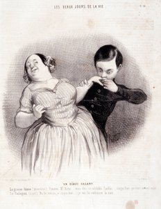Tegnefilm om parret. Serien "" Livets smukke dage"": "" En galant begyndelse..."" Gravering af Honore DAUMIER (1808-1879). Uddrag fra avisen "" Le Charivari"" den 10. juli af Honoré Daumier