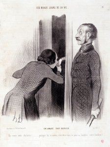 Tegnefilm om parret. Serien "" Livets smukke dage"": "" En elsker for glad..." Indgravering af Honore DAUMIER (1808-1879). Uddrag fra avisen "" Le Charivari"" den 1. september af Honoré Daumier
