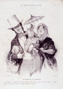 Tegnefilm om familien. Serien "" Livets smukke dage"": En søndag på landet..." Indgravering af Honore DAUMIER (1808-1879). Uddrag fra avisen "" Le Charivari"" den 21. juli af Honoré Daumier