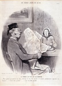 Tegnefilm om pressen. Serien "" The Beautiful Days of Life"": "" Det stadig mere monsterformat..."". Gravering af Honore DAUMIER (1808-1879). Uddrag fra avisen "" Le Charivari"" den 18. oktober af Honoré Daumier