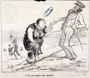 Tegnefilm om turister på ferie. Serie "" Axe Bains de Mer: "" Oversvømmelsen, der førte den tilbage skræmmende! "" Gravering af Honore DAUMIER (1808-1879). Uddrag fra avisen "" Le Charivari"" af Honoré Daumier