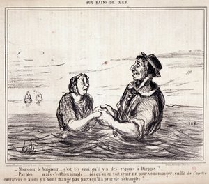 Tegnefilm om turister på ferie. Serie “” aux Bains de Mer””: “” Monsieur le bathneur... er det rigtigt, at der er hajer i Dieppe?...” Indgravering af Honore DAUMIER (1808-1879). Uddrag fra avisen "" Le Charivari"" den 8. juni af Honoré Daumier