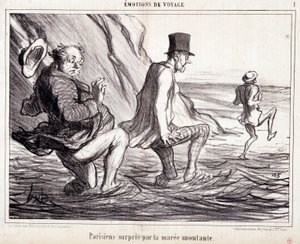 Tegneserie om turister på ferie. Serien "Ax Bains de Mer: "Rejse følelser. Pariser fanget af den stigende havmare". Gravering af Honore DAUMIER (1808-1879). Uddrag fra avisen "Le Charivari" den 8. oktober af Honoré Daumier