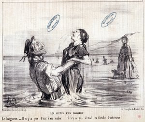 Tegneserie om turister på ferie. Serien "Les Bains de Mer": "Aquatic skitse. Sekvenser af et dyk". Gravering af Honore DAUMIER (1808-1879). Uddrag fra avisen "Le Charivari" i 1853. Dim: 24x28cm. Inv 2453 - kasse 12 N¡1. Marseille, M af Honoré Daumier