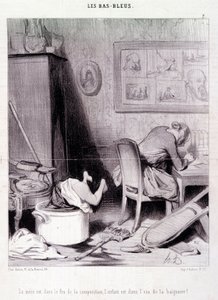 Tegnefilm om kvindelige forfattere. Serie "" Bas Bleus"": "" Moderen er i kompositionens ild, barnet er i badets vand! "" Gravering af Honore DAUMIER (1808-1879). Uddrag fra avisen "" Le Charivari"" den 20. februar af Honoré Daumier