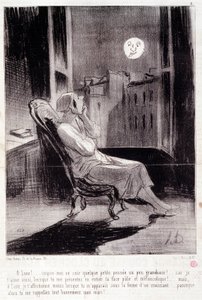 Tegnefilm om kvindelige forfattere. Serie "" Bas Bleus"": "" O! Månen inspirerer mig i aften...”” Gravering af Honore DAUMIER (1808-1879). Uddrag fra avisen "" Le Charivari"" 28. februar af Honoré Daumier