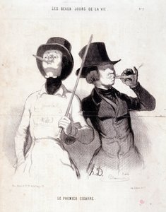Tegnefilm om unge Dandys. Serien "" Livets smukke dage"": "" Den første cigar"". Gravering af Honore DAUMIER (1808-1879). Uddrag fra avisen “” Le Charivari”” den 31. december 1843 Dim 37x25cm Inv 1089 - æske 8 N¡2. Marseille, Musée des Beaux af Honoré Daumier