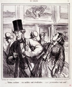 Tegneserie om kunstelskere: Serie "" Au salon"": Lad os forlade frue... disse nøgengængere er revoltanter... Jeg vender tilbage helt alene"" Gravering af Honore DAUMIER (1808-1879). Uddrag fra avisen "" Le Charivari"" den 5. maj af Honoré Daumier