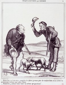 Tegneserie om jægerne: Serie "" Autumn Sketch"": "" Sir, givet det fuldstændige fravær af vildt, giv mig venligst tilladelse til at skyde din hund..."" Gravering af Honore DAUMIER (1808-1879). Uddrag fra avisen "" Le Charivari"" den 28. september af Honoré Daumier