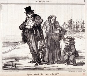 Tegnefilm om vindyrkning. Serie "" Autumn Sketch"": "" I Harvest. At have misbrug af druerne fra 1857”” Gravering af Honore DAUMIER (1808-1879). Uddrag fra avisen "" Le Charivari"" 16. oktober af Honoré Daumier