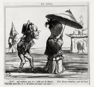 Christi! Jeg ved ikke, hvordan man taler kinesisk... Jeg vil med glæde fortælle hende, at noget behageligt for hende og uforpligtende for hendes mand!... I serie En Chine, illustration af Honore Daumier (1808-1879), udgivet i "" Charivari””, dateret 12. ja af Honoré Daumier