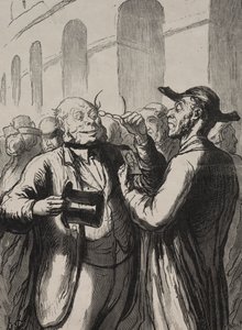 Verdensudstilling: Inspektion af fotografier ved drejekorserne. De skaldede skal tage hatten af ​​og de kortsynede deres briller. af Honoré Daumier